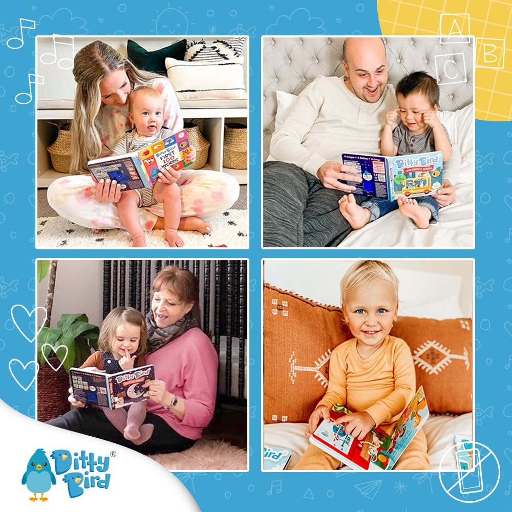 Four images show adults and children enjoying the NEW! Jewish Songs sound book by Ditty-Bird AUS, all smiles in cozy settings. A blue backdrop with playful doodles and the Ditty Bird logo highlights a celebration of cultural heritage.