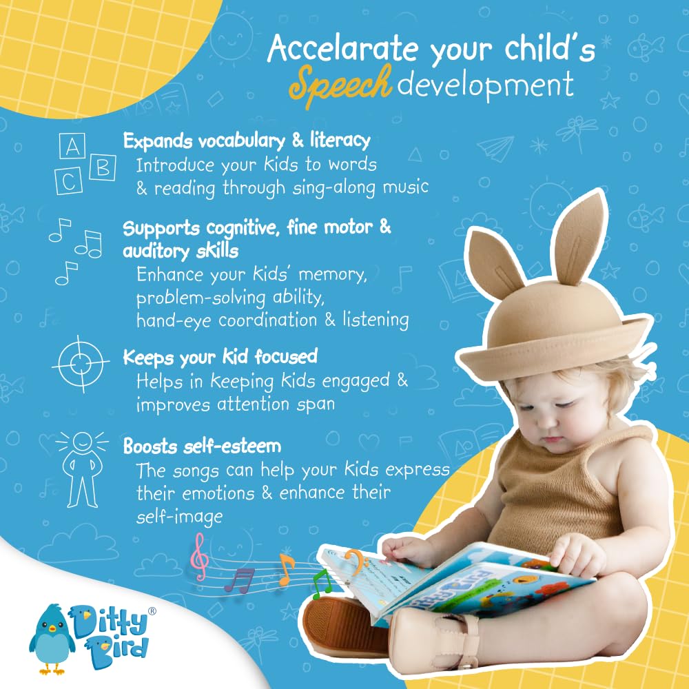 A toddler in a tan bunny costume sits on a white floor reading Ditty-Bird AUS’s NEW! Jewish Songs sound book. Singing aids speech, vocabulary, cognitive skills, focus, and self-esteem. Blue background with doodles.