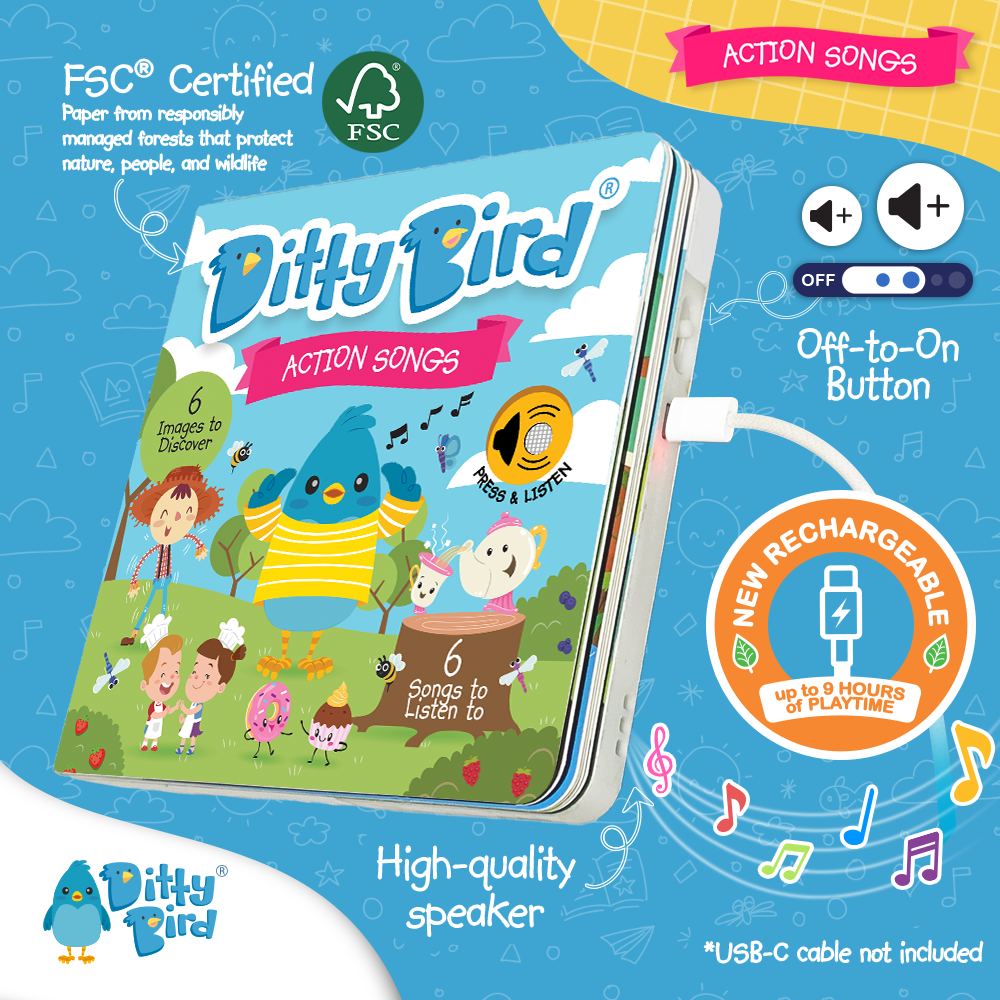 Ditty-Bird AUS Action Songs | USB-C rechargeable sound book features a blue bird mascot, children singing and dancing, FSC certification, high-quality speaker, handy audio/playtime icons—an engaging music book for endless child fun.