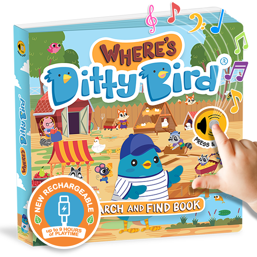 Ditty-Bird AUS presents the NEW! Where's Ditty Bird? Search & Find book—featuring a blue bird in a striped shirt. A child presses a yellow button as colorful music notes float around. Now with USB-C rechargeable technology!.