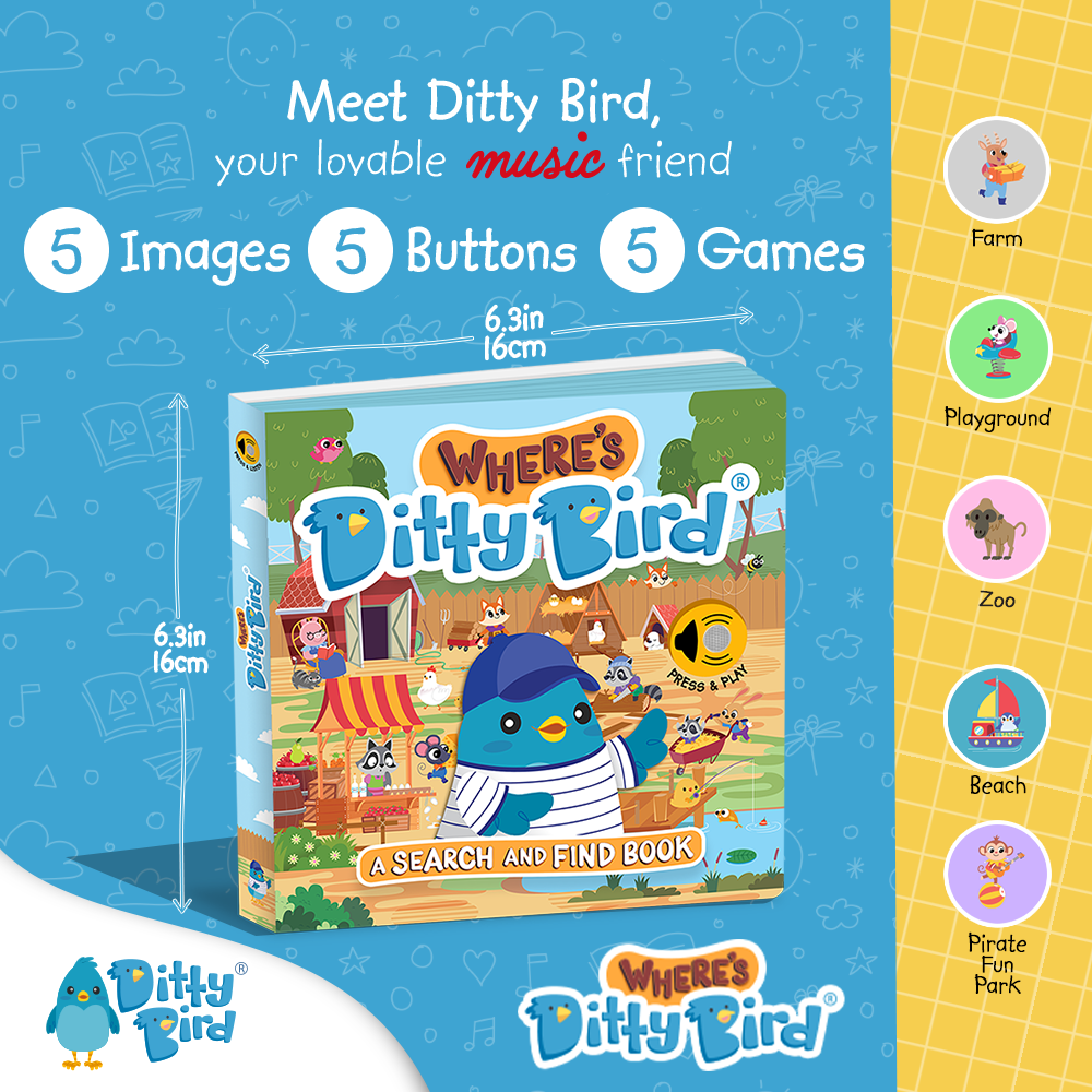 Colorful promo image for Ditty-Bird AUS’s NEW! Where’s Ditty Bird? Search & Find book (USB-C rechargeable), with a cartoon blue bird, area icons—Farm, Playground, Zoo, Beach, Pirate Fun Park—and text highlighting search-and-find features.