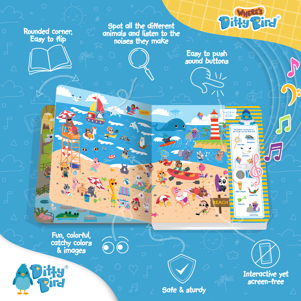 The Ditty-Bird AUS "Where's Ditty Bird? Search & Find" USB-C rechargeable book features a beach scene, rounded corners, sound buttons, catchy songs, and safety icons. Musical notes and playful art decorate its bright blue background.