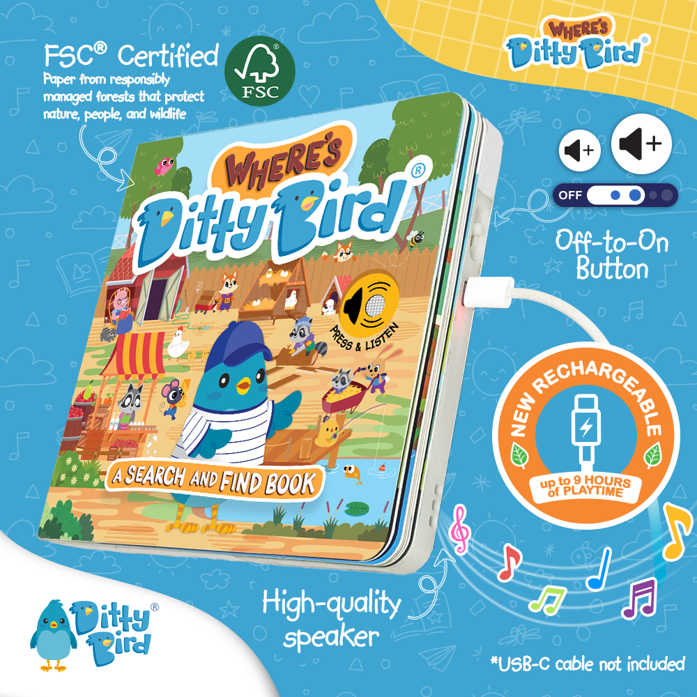 Colorful promo image of Ditty-Bird AUS’s NEW! Where’s Ditty Bird? Search & Find book with blue bird cover. Features USB-C rechargeable battery, high-quality speaker, FSC certification. USB-C cable not included.