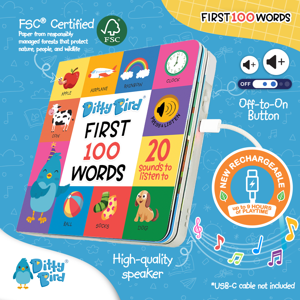 Children's educational book with colorful pages and sound buttons, now rechargeable with a simple USB-C cable for 9 hours of playtime