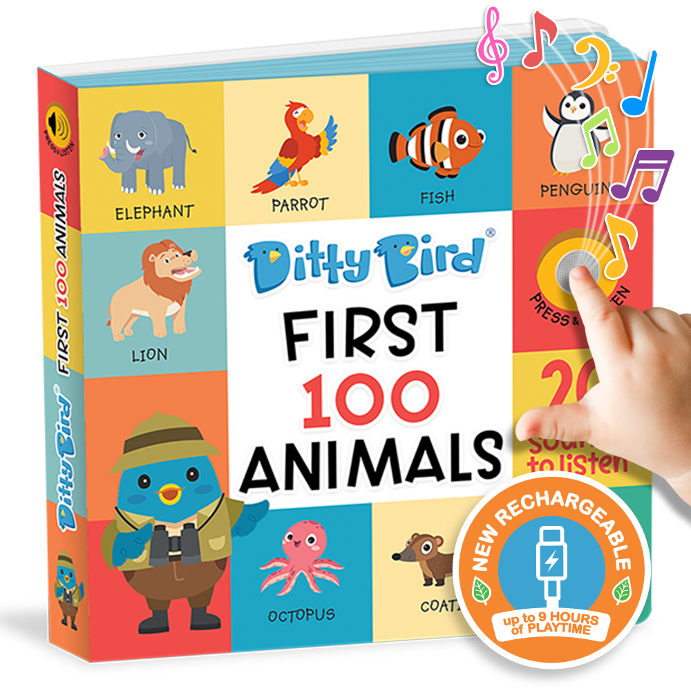 Children's sound book titled 'Ditty Bird First 100 Animals' with colorful illustrations and a hand pressing a button and a rechargeable USB-C function for 9 hours of playtime