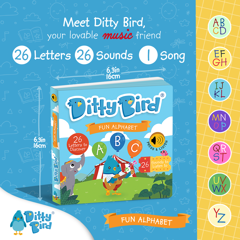 Square image of the Ditty-Bird AUS ABC Fun Alphabet—an interactive children’s book with colorful A-Z letters, a bird character, and text highlighting 26 letters, 26 sounds, and 1 singalong song. USB-C rechargeable for early literacy fun.