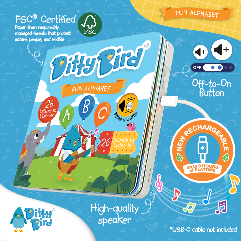 The Ditty-Bird AUS ABC Fun Alphabet book is an interactive, USB-C rechargeable book with bright illustrations, a high-quality speaker, rechargeable battery, and on/off switch to build early literacy skills. FSC Certified.