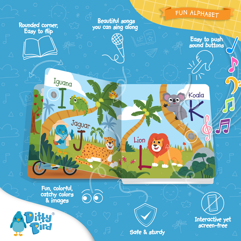 Ditty-Bird AUS ABC Fun Alphabet is an illustrated interactive book with animals like iguana, jaguar, lion, and koala. It features music, sound buttons, colorful icons for early literacy, a sturdy design, and is USB-C rechargeable.