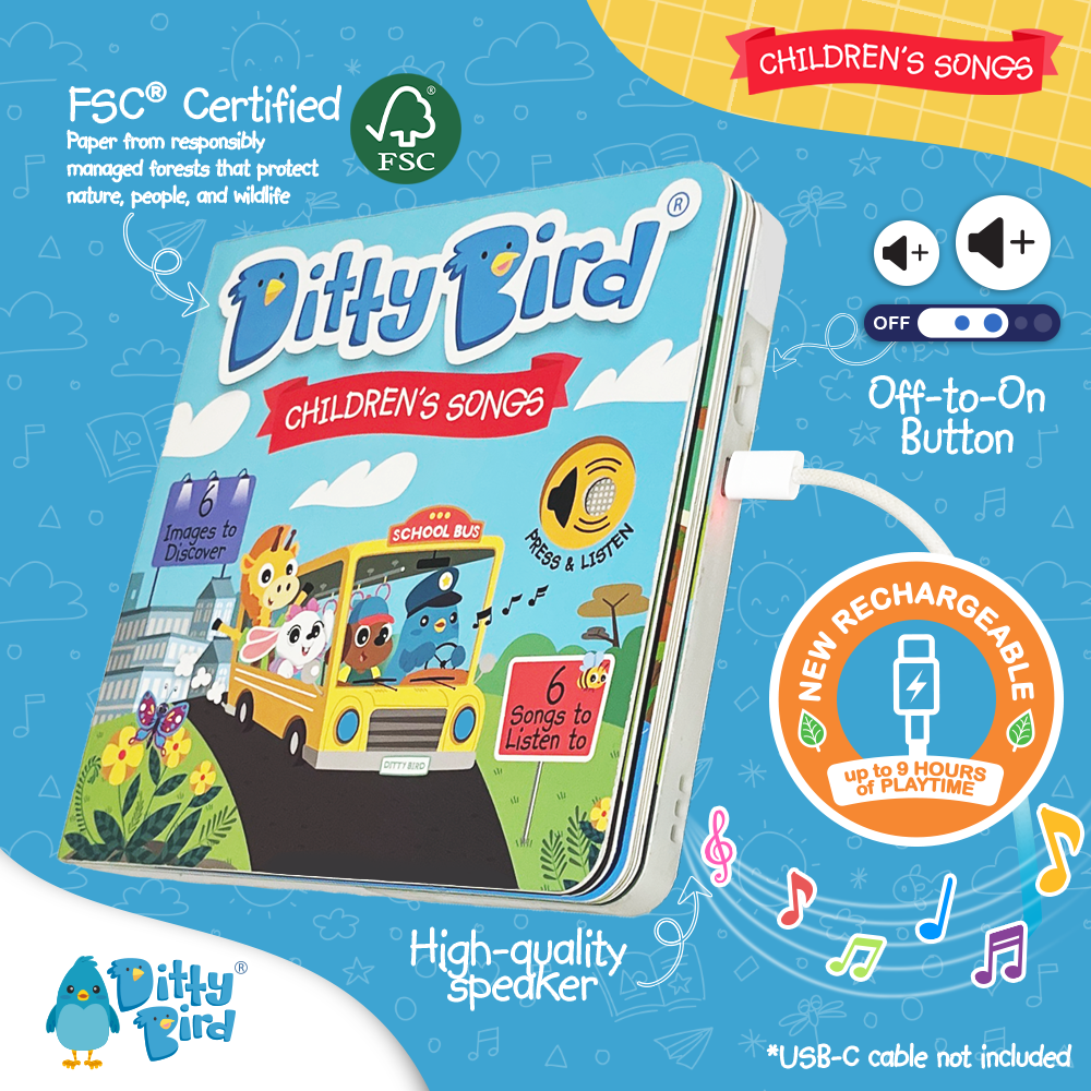 The Ditty-Bird AUS "Children's Songs | USB-C rechargeable" musical book features a colorful animal school bus cover, interactive sounds, a USB-C charging port, on/off button, high-quality speaker icons, and up to 8 hours of playtime.