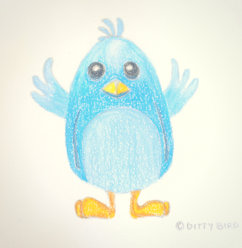 A hand-drawn, blue cartoon bird with large eyes, yellow beak, and yellow feet stands upright with its wings raised—an adorable design perfect for an educational toy or a unique first birthday gift. The artist’s signature ©DITTY BIRD appears in the lower right corner.