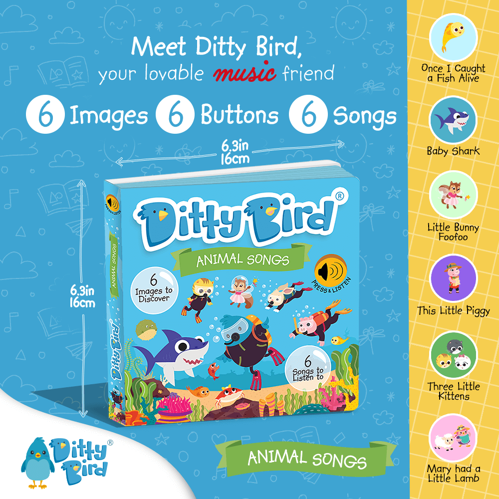 The Ditty-Bird AUS Animal Songs book stands upright, features colorful animal illustrations, 6 images, 6 buttons, and 6 fun songs including Baby Shark and Mary Had a Little Lamb. USB-C rechargeable for hours of interactive play.