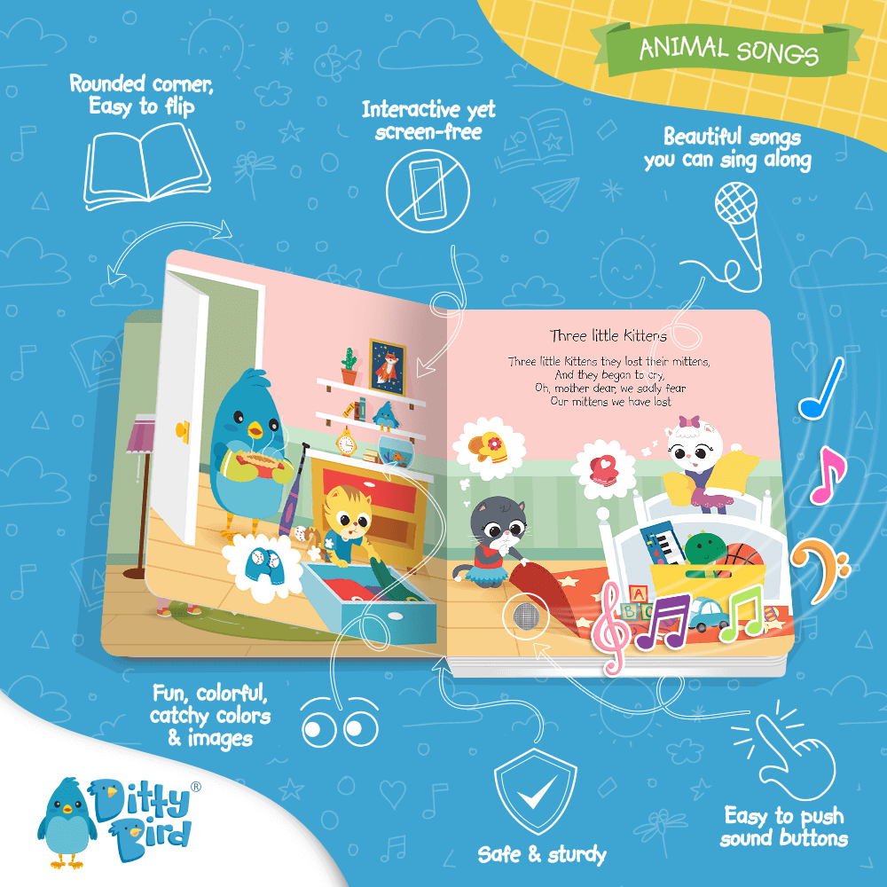 Discover Ditty-Bird AUS’s Animal Songs, a USB-C rechargeable interactive musical book. Cartoon animals in a vibrant bedroom sing playful songs for kids, with music notes and icons highlighting its engaging features on a blue background.