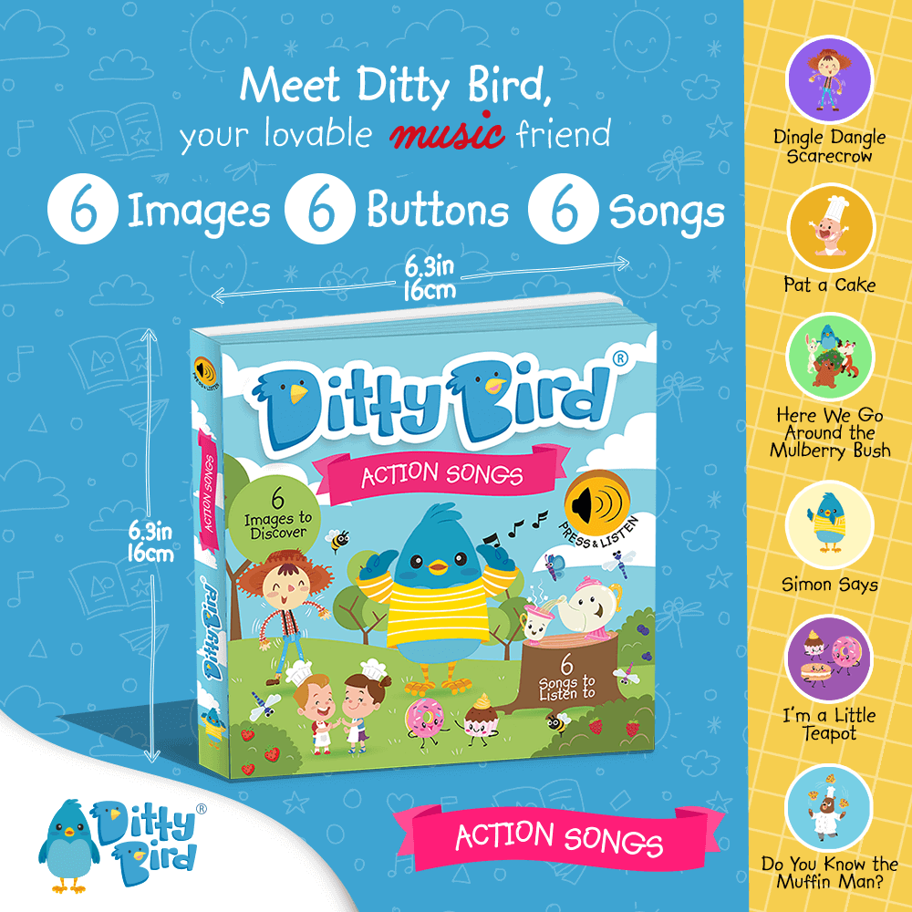Square image promoting Ditty-Bird AUS Action Songs | USB-C rechargeable sound book. Features cover art with a cartoon bird, six children, and musical notes. Includes songs like Dingle Dangle Scarecrow, Pat a Cake, Simon Says, and more.