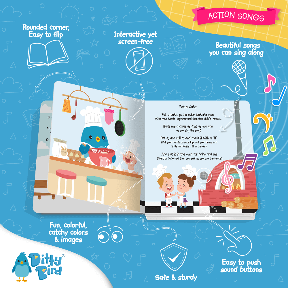 Ditty-Bird AUS’s “Action Songs | USB-C rechargeable” is a children’s music book with sturdy, rounded pages, interactive sound buttons, and playful illustrations of a chef and two kids baking on a vibrant blue background.