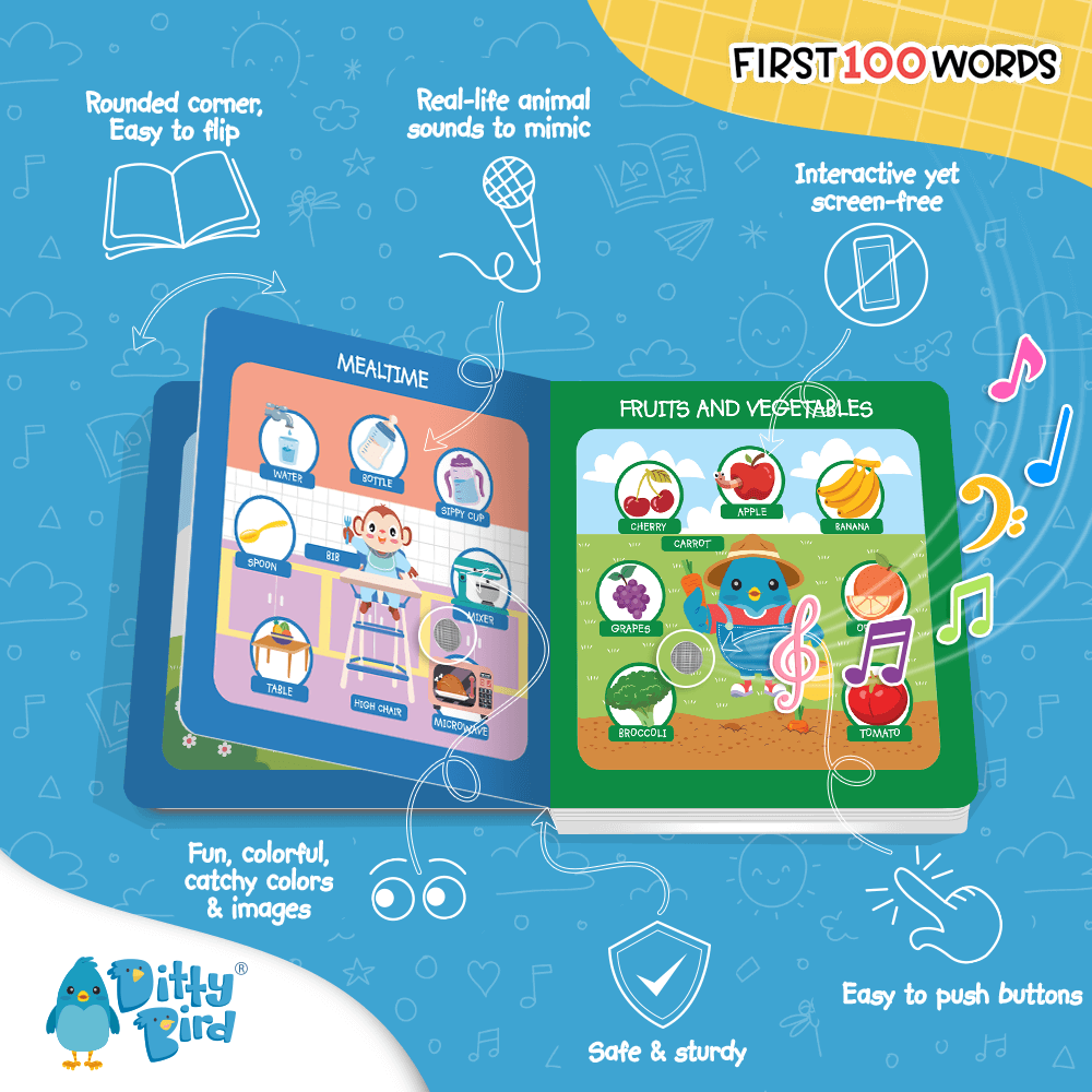 The Ditty-Bird AUS 100 Words Sound Book is a USB-C rechargeable, interactive book with colorful food and fruit images, easy-press buttons, rounded corners, fun sounds, and educational features for playful vocabulary learning.