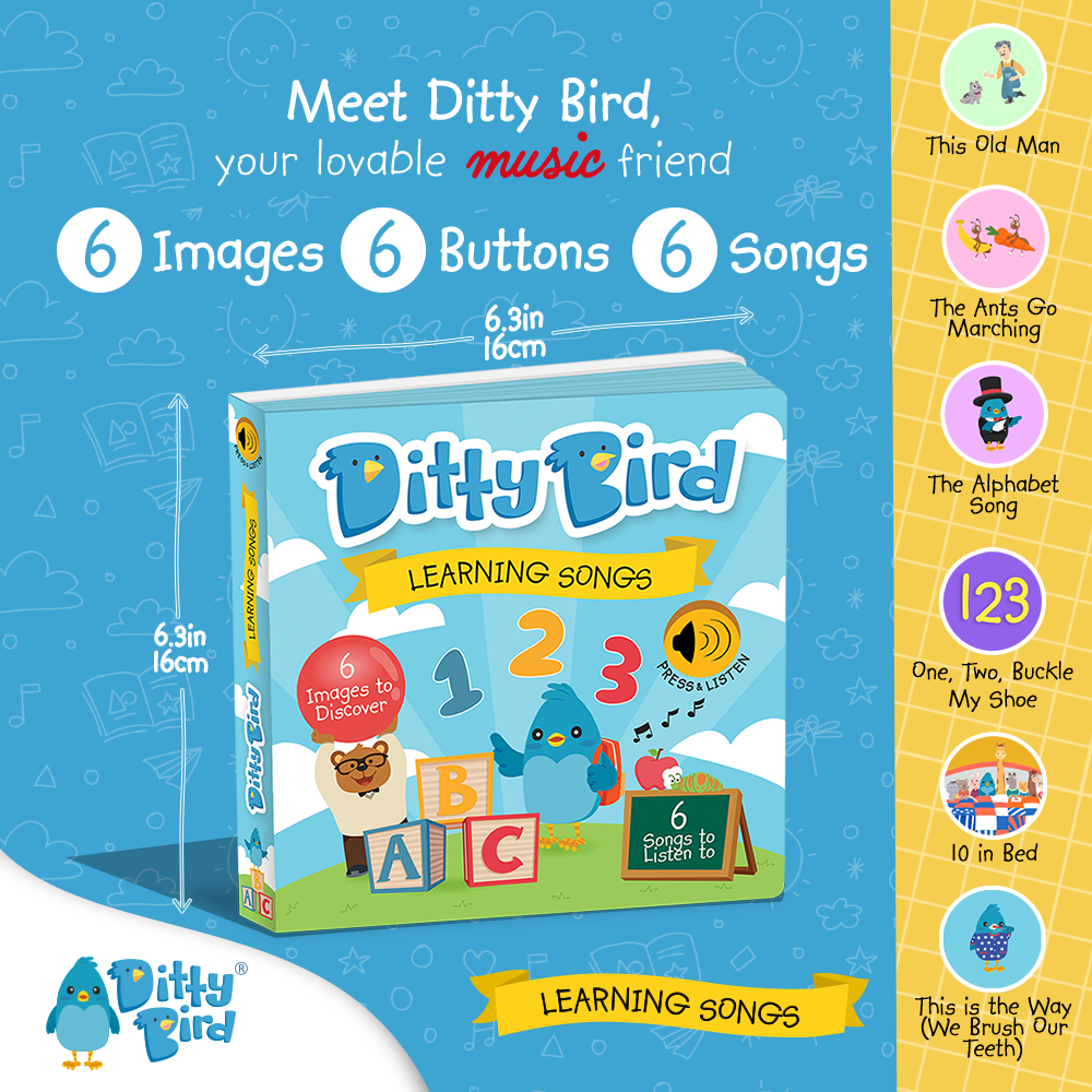 Promotional image for Ditty-Bird AUS Learning Songs | USB-C rechargeable interactive book, featuring a blue bird and showcasing 6 songs, 6 images, and 6 buttons. Song titles on the right include This Old Man and The Alphabet Song.