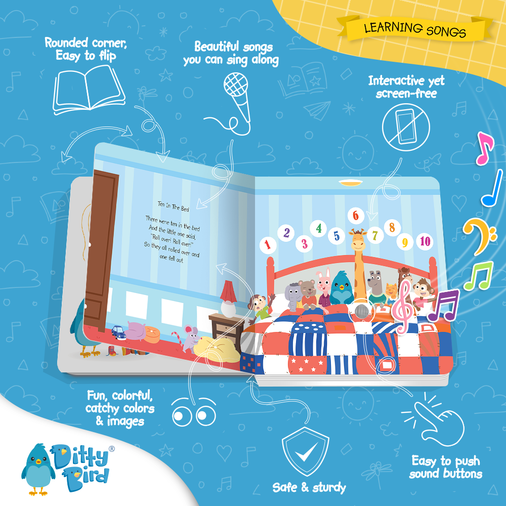 The Ditty-Bird AUS Learning Songs book features USB-C rechargeability, interactive sound buttons, colorful animal pages with numbers, musical notes, rounded corners, a sturdy design, and engaging learning activities.