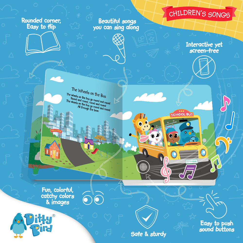 A Ditty-Bird AUS "Children's Songs | USB-C rechargeable" musical book shows animals on a yellow school bus in the city, with text highlighting kids’ songs, colorful images, interactive buttons, rounded corners, and a sturdy design.