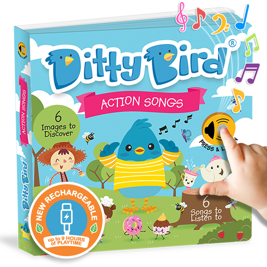 Ditty-Bird AUS Action Songs | USB-C rechargeable is a children’s music book featuring a blue bird in a yellow striped shirt, playful characters, and 6 fun songs. Press the button to enjoy music—no batteries needed!.