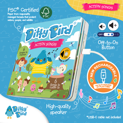 Ditty-Bird AUS Action Songs | USB-C rechargeable sound book features a blue bird mascot, children singing and dancing, FSC certification, high-quality speaker, handy audio/playtime icons—an engaging music book for endless child fun.