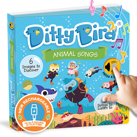 Ditty Bird interative musical books for baboies and toddlers called Animal Songs book with colorful illustrations and a hand pressing a button, featuring a new USB-C rechargeable function for 9 hours of playime.