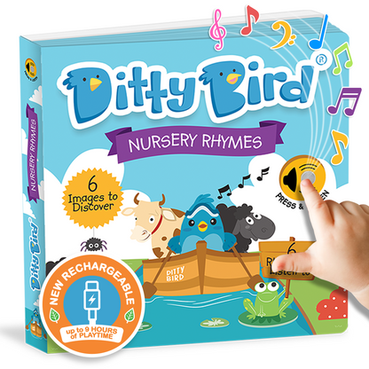 The Ditty-Bird AUS Nursery Rhymes book features cartoon animals in a boat, musical notes, and a hand pressing a sound button on the colorful cover. A badge highlights "USB-C rechargeable" for up to 9 hours of playtime.