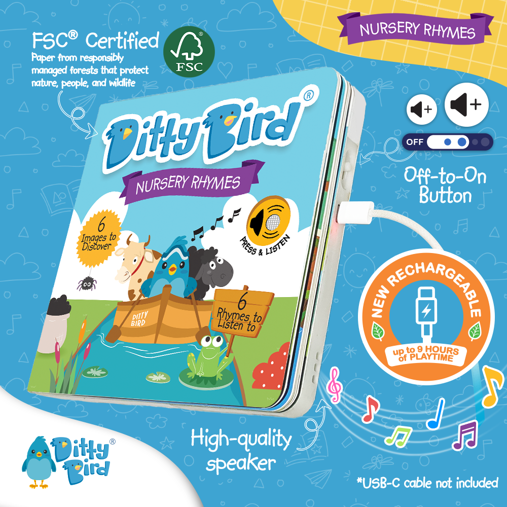 A vibrant image of the Ditty-Bird AUS Nursery Rhymes children's book shows animals in a boat, 6 rhyme icons, a USB-C rechargeable battery, high-quality speaker, and FSC certification.