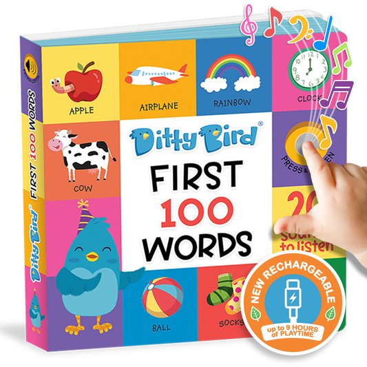Children's book titled 'First 100 Words' for babies and toddlers, now rechargeable with a simple USB-C cable by Ditty Bird with colorful illustrations and a hand pressing a button.
