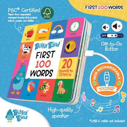 Children's educational book with colorful pages and sound buttons, now rechargeable with a simple USB-C cable for 9 hours of playtime