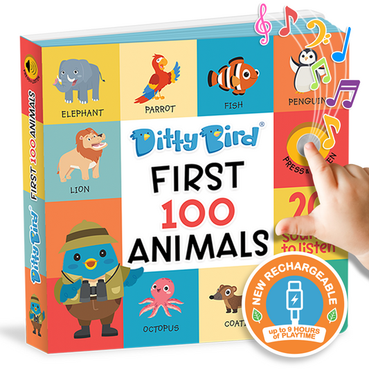 Children's sound book titled 'Ditty Bird First 100 Animals' with colorful illustrations and a hand pressing a button and a rechargeable USB-C function for 9 hours of playtime