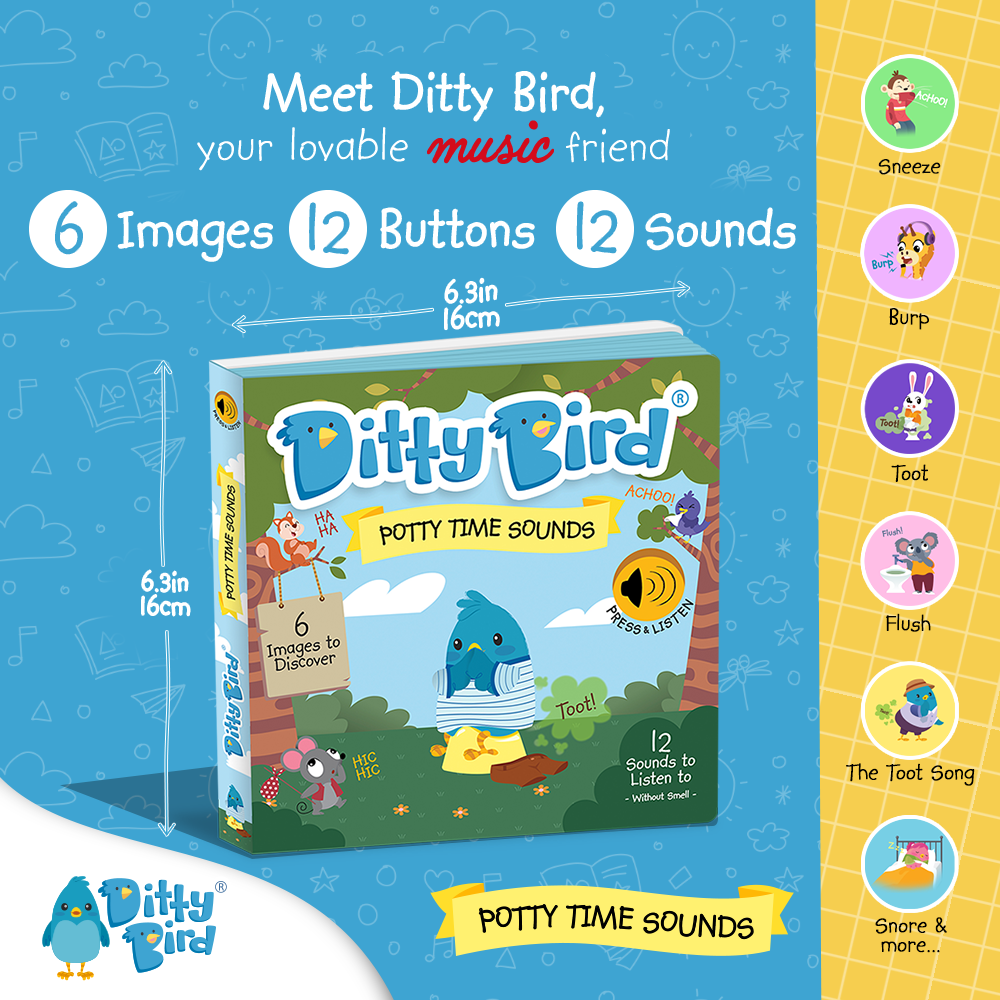 Square image showing the Ditty Bird “Potty Time Sounds” children’s book, an educational toy for early learning. Features list: 6 images, 12 sounds, and 12 buttons. Side panel shows icons for sounds like sneeze, burp, toot, flush, song, and snore.