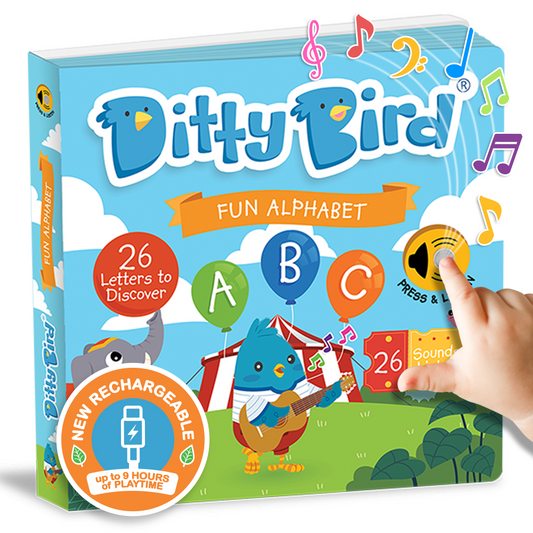 The Ditty-Bird AUS ABC Fun Alphabet book has a colorful cover with cartoon birds, balloons showing A, B, and C, and a circus tent. A hand presses the yellow sound button. Musical notes and a USB-C rechargeable badge highlight its features.