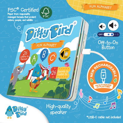 The Ditty-Bird AUS ABC Fun Alphabet book is an interactive, USB-C rechargeable book with bright illustrations, a high-quality speaker, rechargeable battery, and on/off switch to build early literacy skills. FSC Certified.