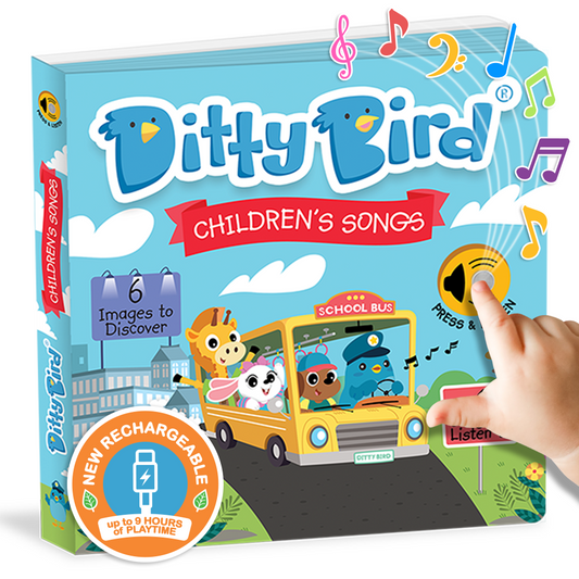 Ditty-Bird AUS's "Children’s Songs | USB-C rechargeable" features cartoon animals on a school bus, vibrant music notes, an interactive sound button, and a “New Rechargeable” badge with up to 9 hours of playtime.