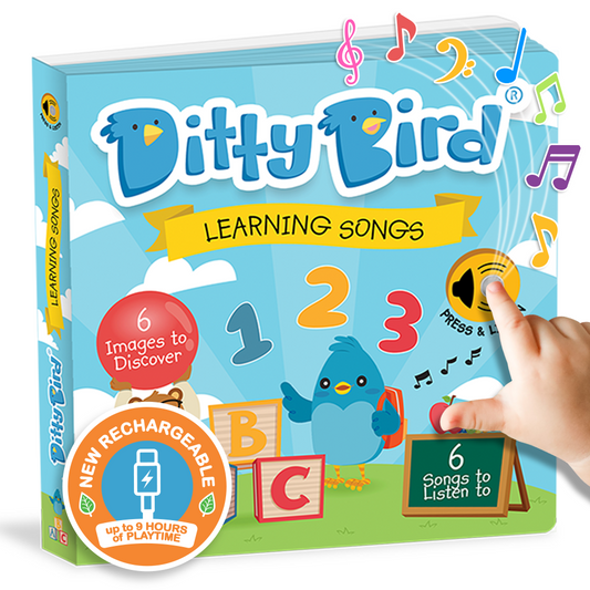 Ditty Bird sound book for toddlers called learning songs with colorful design and hand pressing a button featuring a rechargeable USB-C plug for 9 hours of playime.