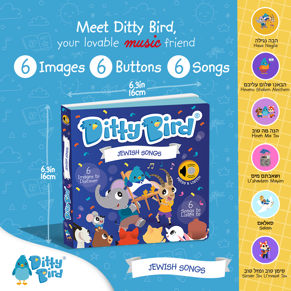 A vibrant promo image for Ditty-Bird AUS NEW! Jewish Songs sound book, with playful animals, music notes, and the cover. Features 6 images, 6 buttons, and song titles in English & Hebrew—perfect for celebrating kids’ cultural heritage.