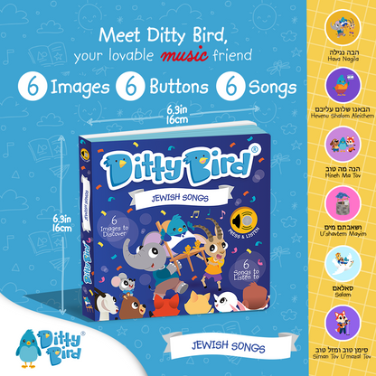 A vibrant promo image for Ditty-Bird AUS NEW! Jewish Songs sound book, with playful animals, music notes, and the cover. Features 6 images, 6 buttons, and song titles in English & Hebrew—perfect for celebrating kids’ cultural heritage.